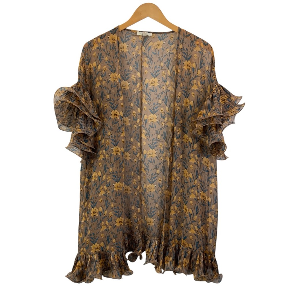 EASEL Sheer Lightweight Floral Kimono Cardigan Tan Mustard Blue Black Medium S25